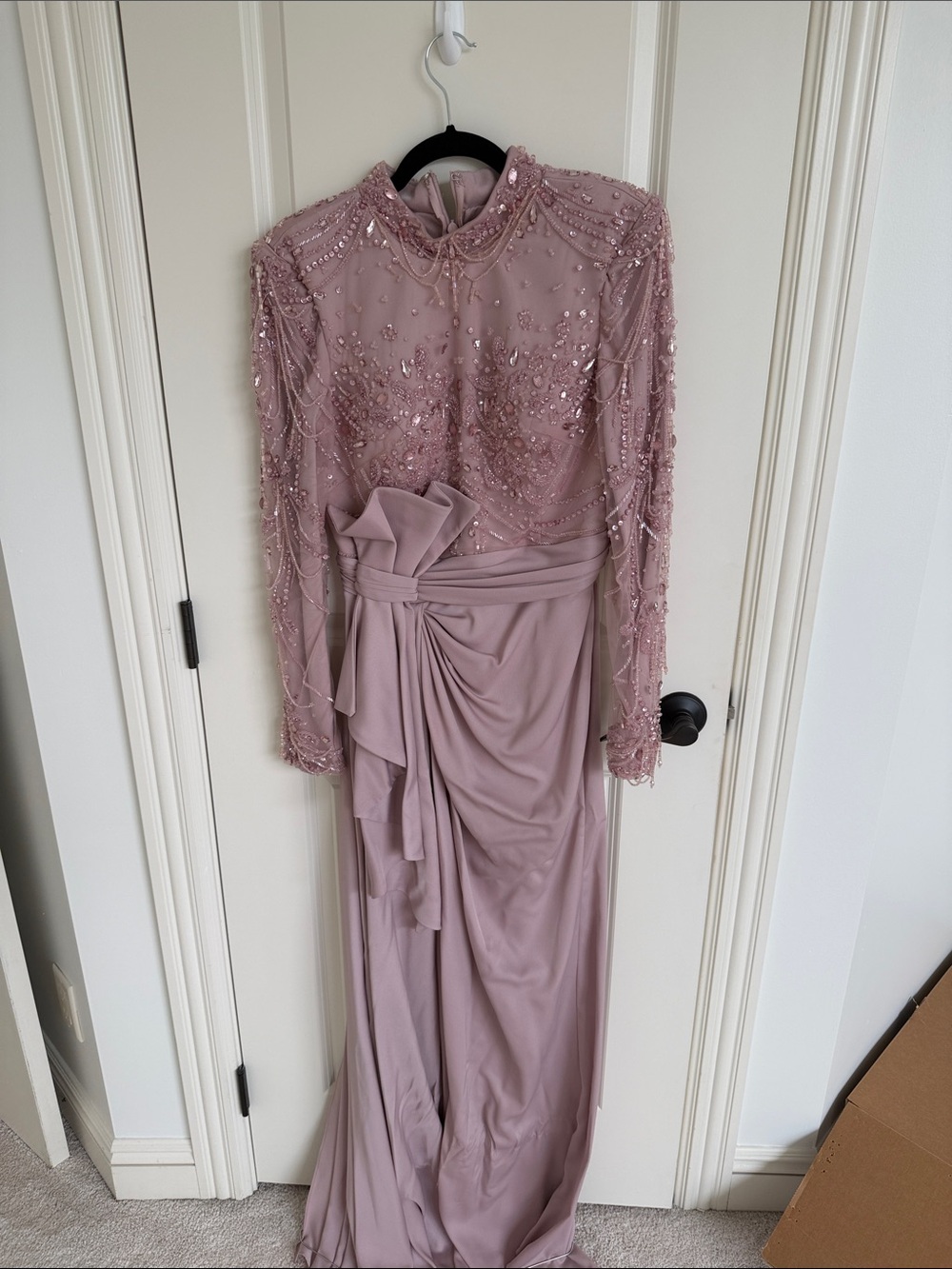 Beaded Long-Sleeve Mauve Evening Gown with Draped Waist Detail